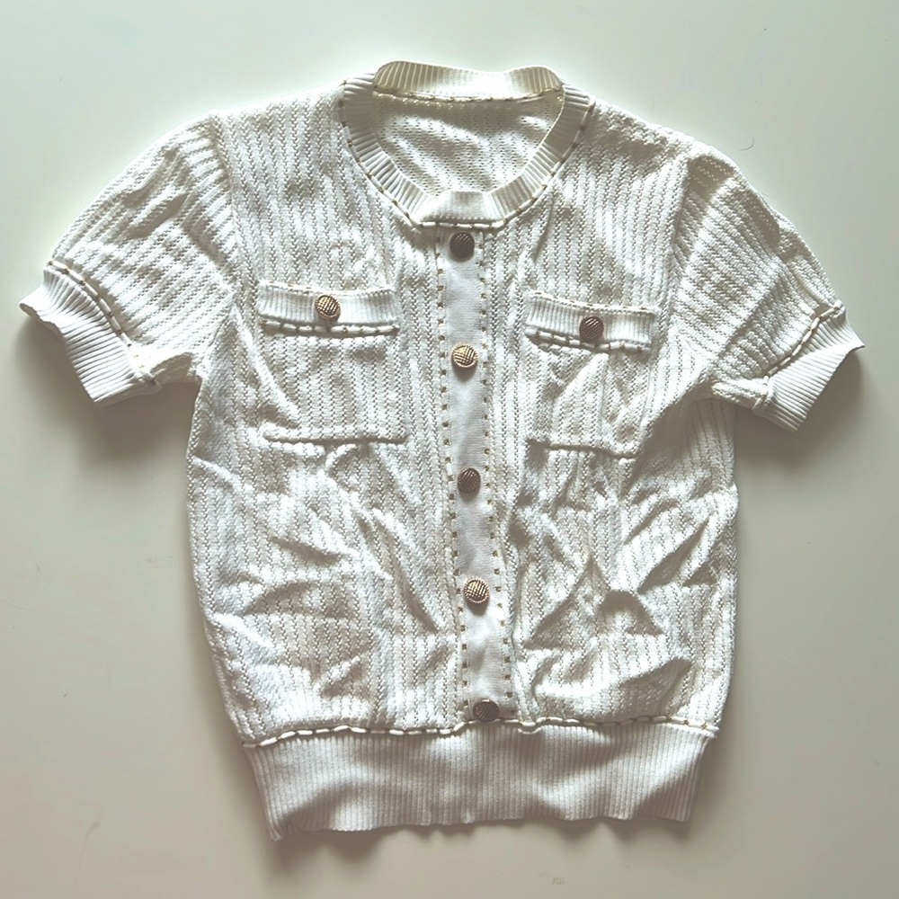 White breathable formal tshirt blouse with gold buttons